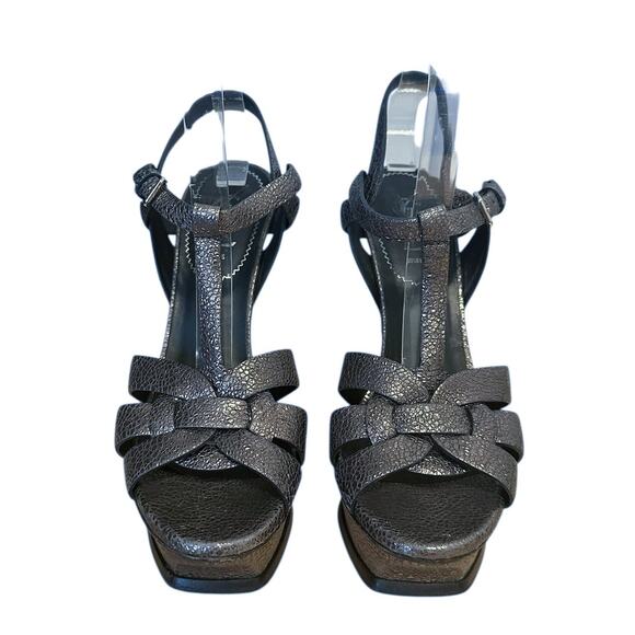 Saint Laurent Tribute Pewter Silver Embossed Leather Platform High Heels  38 - Picture 2 of 12